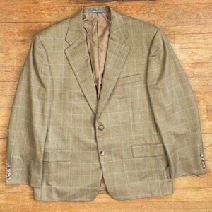 Vintage Mens Silk/Wool Plaid Blazer Size 42S 1990s Sport Coat Jacket Beige/Blue